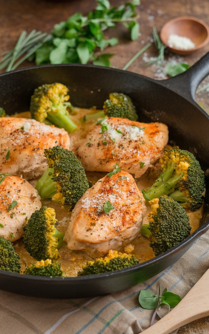 A delicious chicken and broccoli skillet, featuring tender chicken and bright green broccoli in a garlic butter sauce, garnished with Parmesan cheese.